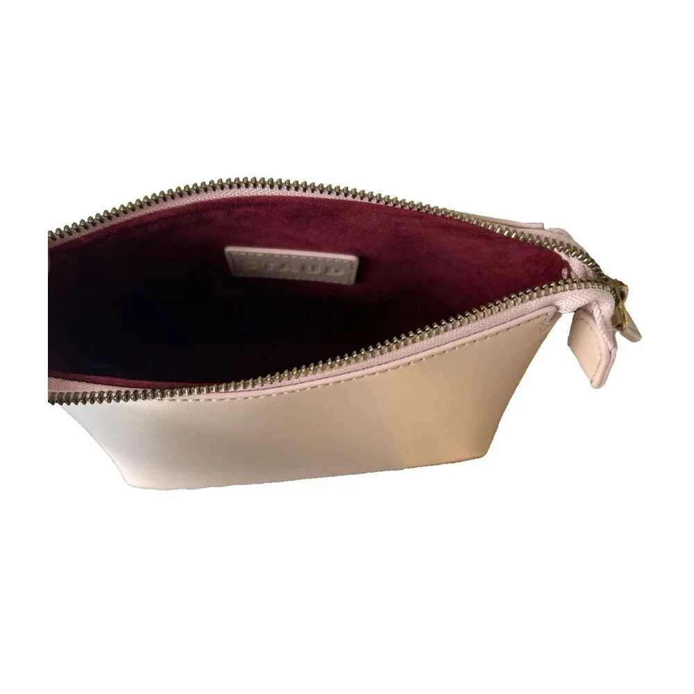 Staud Blush Leather Zipper Pouch Cosmetic Toiletry Bag Travel Wine Suede Lining